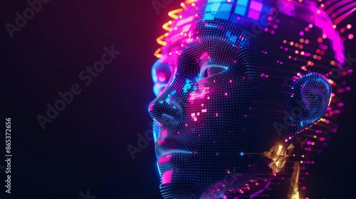 Artificial Intelligence and Virtual Reality concept. 3D human head made of pixels in neon holographic vivid colors on dark background. Vaporwave and Synthwave style illustration