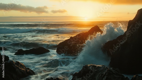 Beautiful sunset over the ocean, waves crashing against the beach and rocks