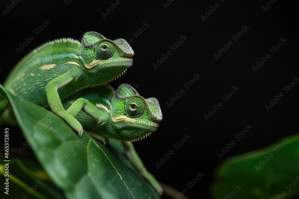 Green chameleon on a leaf against black background. Green chameleon on a leaf against black background.
