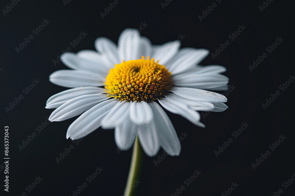 Obraz premium A close-up of daisy flower petals, macro photography, black background, blurred, soft light, fresh colors, white and yellow color combination, delicate texture, elegant mood.