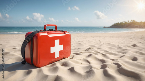 First aid kit and medical emergency equipment on beach sand. Red first aid bag	and sea. Injury on summer vacation