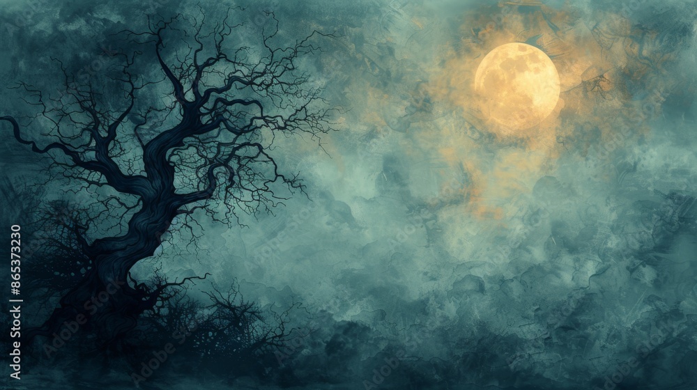 Watercolor painting of a spooky tree with twisted branches, copy space banner, vintage background - Watercolor painting of a spooky tree with twisted branches, copy space banner, vintage background -