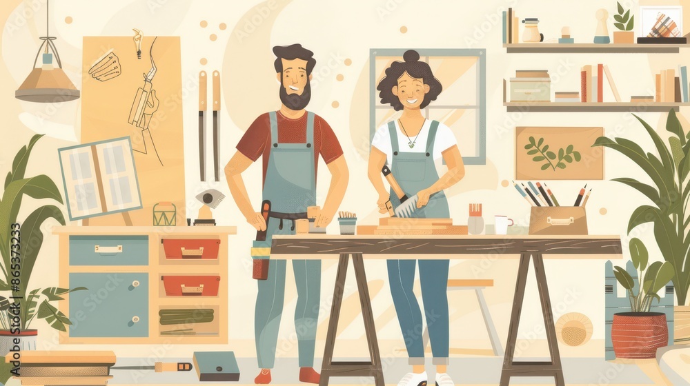 Crafty couple in a cozy living room building DIY cupboards together, surrounded by tools and wooden planks, smiling and enjoying the project Crafty couple in a cozy living room building DIY cupboards together, surrounded by tools and wooden planks, smiling and enjoying the project