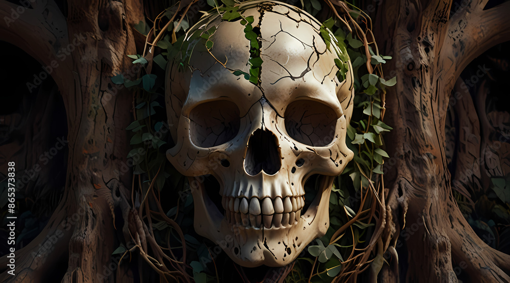 Illustration of a skull adorned with an intricate crown of flowers and leaves, with vibrant colors contrasting the monochrome skull Illustration of a skull adorned with an intricate crown of flowers and leaves, with vibrant colors contrasting the monochrome skull