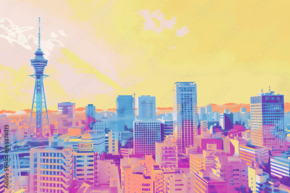 Fototapeta premium Risograph riso print travel poster, card, wallpaper or banner illustration, modern, isolated, clear and simple of Osaka, Japan. Artistic, screen printing, stencil digital duplication