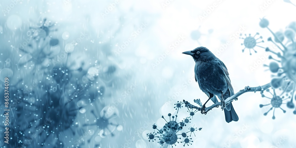 Fototapeta premium water color Bird on branch with virus dots on background, bird flu awareness 