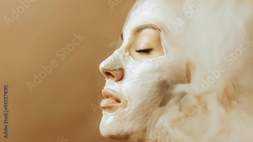 Wallpaper Mural Woman with facial cream relaxes amid steam, eyes closed, serene expression Torontodigital.ca