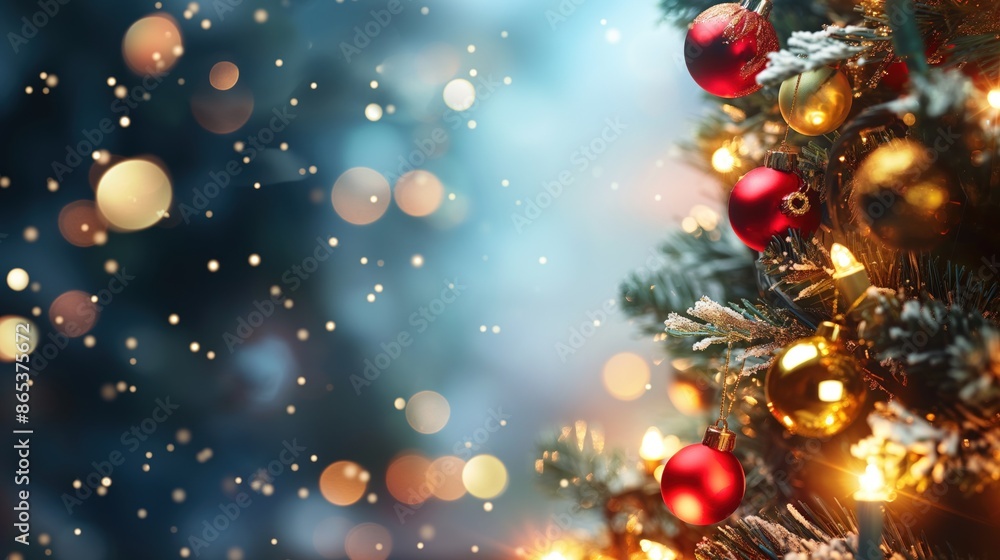 Festive Christmas Tree With Decorative Ornaments and Bokeh Lights Festive Christmas Tree With Decorative Ornaments and Bokeh Lights