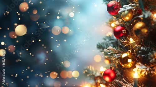 Festive Christmas Tree With Decorative Ornaments and Bokeh Lights