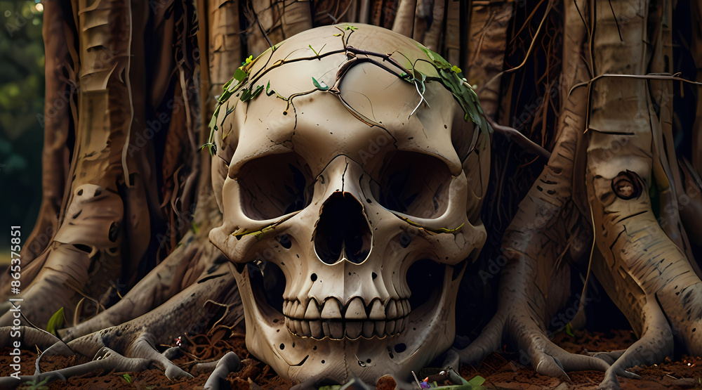 Illustration of a skull adorned with an intricate crown of flowers and leaves, with vibrant colors contrasting the monochrome skull Illustration of a skull adorned with an intricate crown of flowers and leaves, with vibrant colors contrasting the monochrome skull