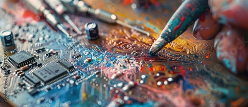Close-up of a colorful circuit board with a hand holding a tool, representing innovative technology and intricate electronic engineering.