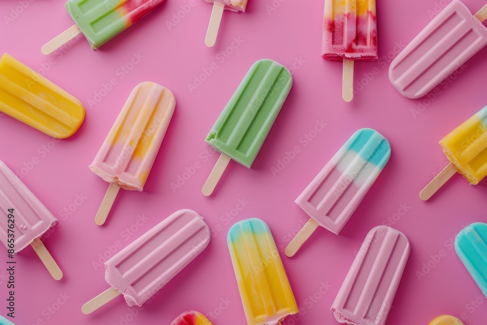 The pattern is made of colorful ice cream bars, ice lollies, and popsicles on pastel pink color background. Trendy summer concept with frozen ice pops. Still life. Flat lay, copy space The pattern is made of colorful ice cream bars, ice lollies, and popsicles on pastel pink color background. Trendy summer concept with frozen ice pops. Still life. Flat lay, copy space