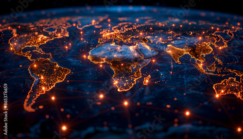 Global Connectivity Network: Illuminated World Map with Digital Connections