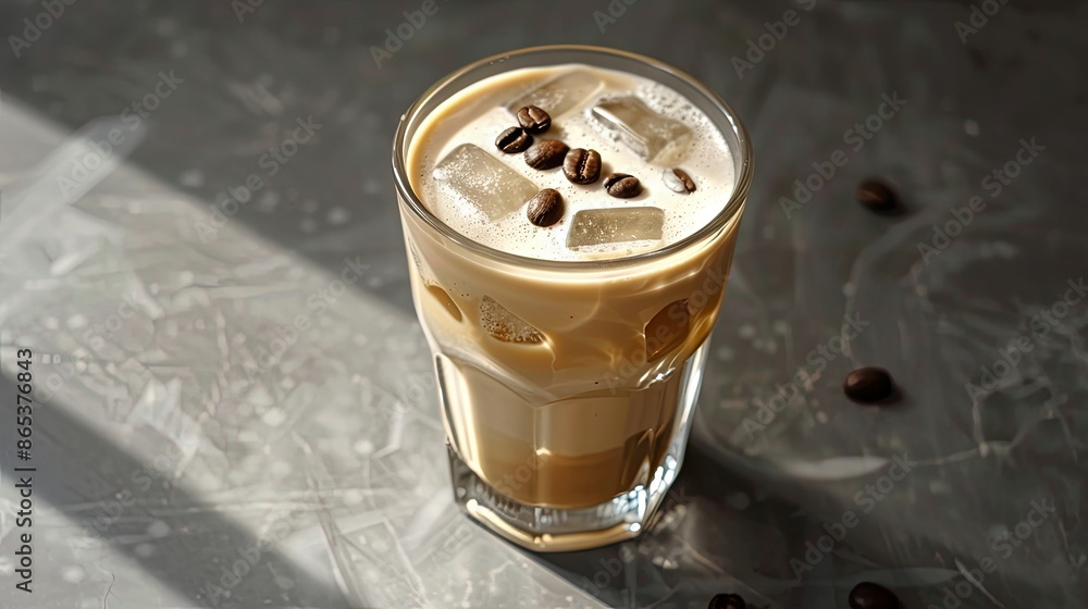 Chilled oatmilk latte with ice cubes in a stylish glass, garnished with coffee beans Chilled oatmilk latte with ice cubes in a stylish glass, garnished with coffee beans
