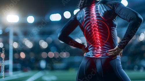 An athlete holding her back with a highlighted spine representing back pain in sports This concept image emphasizes the importance of back pain relief and addresses youth back pain issues photo