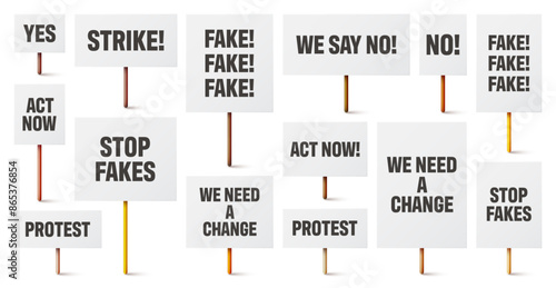 Blank white protest signs with text slogans on wooden holder. Various realistic vector demonstration banners. Strike action cardboard placard mockup. Social advertisement. Vector illustration