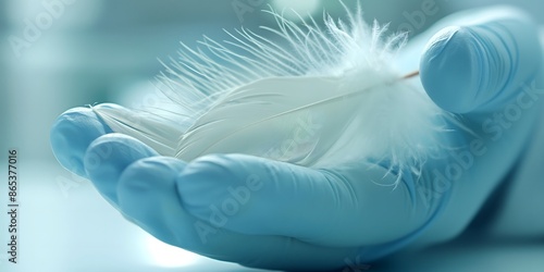 close up of a medical glove hand holding a feather, concept of bird flu awareness, global bird flu infection photo