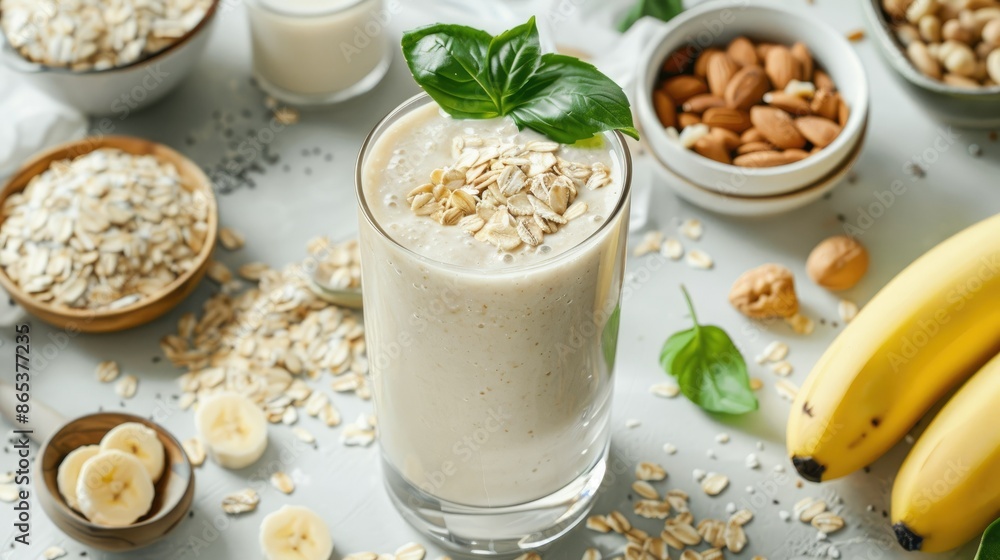 Creamy banana smoothie with oats served in a clear glass, surrounded by fresh ingredients Creamy banana smoothie with oats served in a clear glass, surrounded by fresh ingredients