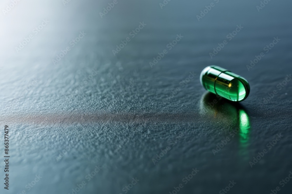 Close-up of a single green capsule pill on a dark reflective surface, capturing details of its translucent shell. Close-up of a single green capsule pill on a dark reflective surface, capturing details of its translucent shell.