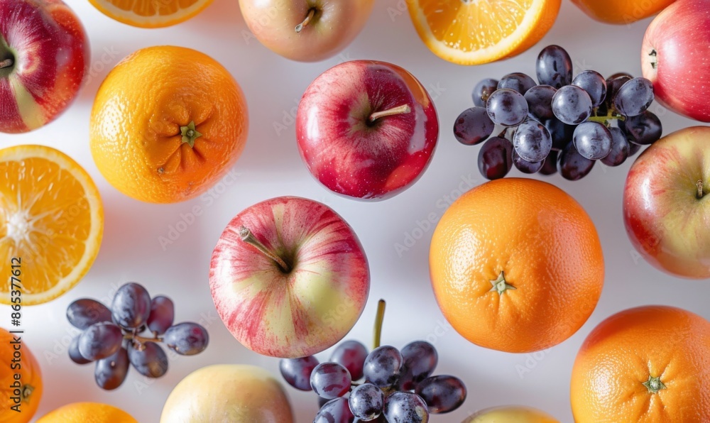 Fresh fruits such as apples, oranges, and grapes floating in mid-air with a white background Fresh fruits such as apples, oranges, and grapes floating in mid-air with a white background