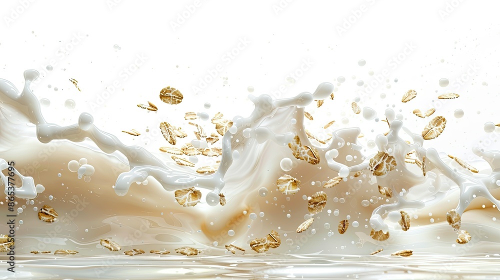 Dynamic scene of oat flakes interacting with a milk splash, isolated on white Dynamic scene of oat flakes interacting with a milk splash, isolated on white