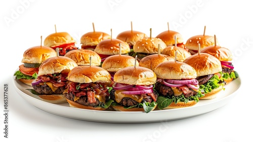 A vibrant platter of assorted mini sliders with various toppings, displayed on an isolated white background, ideal for showcasing diverse burger options in promotional content