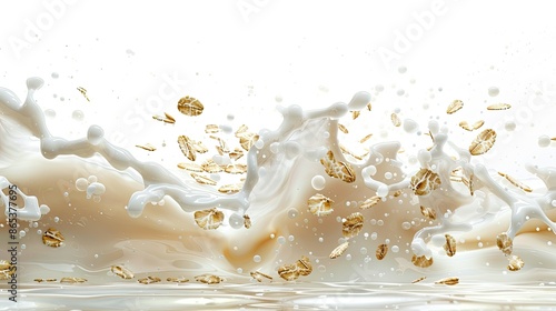 Dynamic scene of oat flakes interacting with a milk splash, isolated on white
