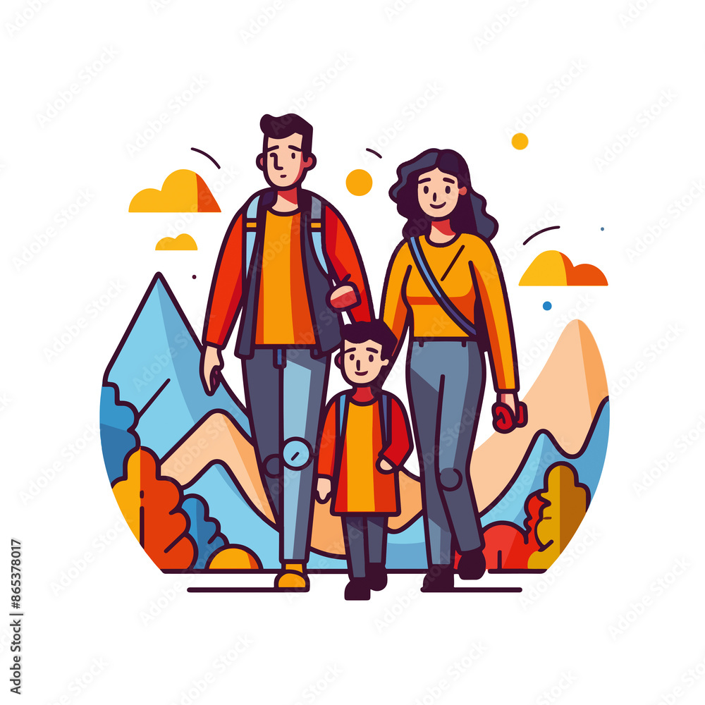 clipart vector illustration of a family trekking in the mountains, hiking, travel, outdoors clipart vector illustration of a family trekking in the mountains, hiking, travel, outdoors
