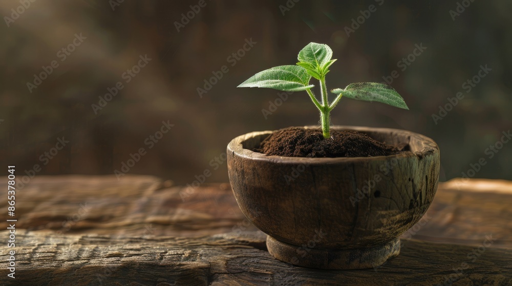 Elegant display of a young sunflower seedling in a rustic wooden bowl, placed on a natural wood tabletop under natural illumination Elegant display of a young sunflower seedling in a rustic wooden bowl, placed on a natural wood tabletop under natural illumination
