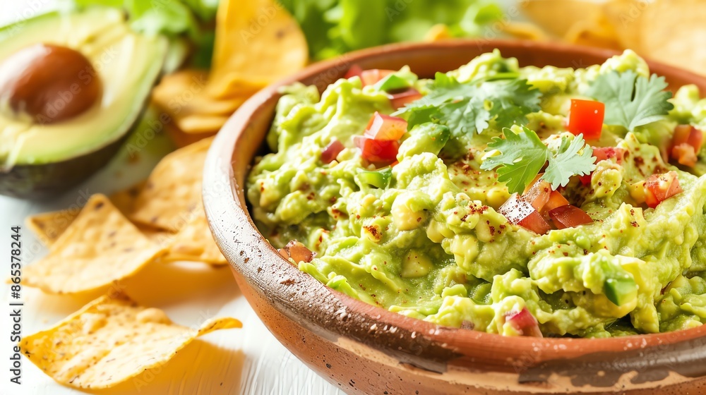 Closeup of a vibrant Mexican guacamole dip with tortilla chips, placed on a clean white background with ample copy space, ideal for food marketing and promotions Closeup of a vibrant Mexican guacamole dip with tortilla chips, placed on a clean white background with ample copy space, ideal for food marketing and promotions