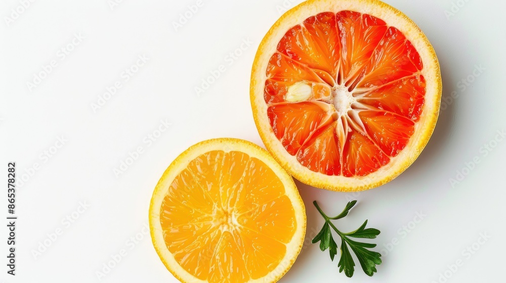 Fresh orange and a slice of juicy tomato arranged together on a pristine white backdrop Fresh orange and a slice of juicy tomato arranged together on a pristine white backdrop