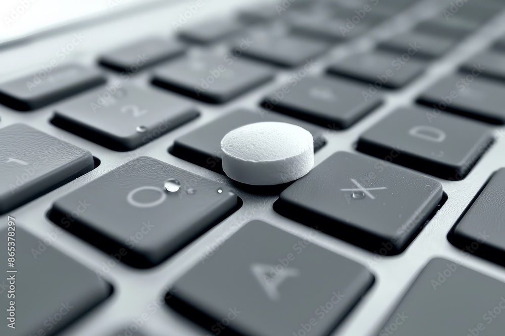 White pill resting on a laptop keyboard, symbolizing the intersection of technology and healthcare in modern life.