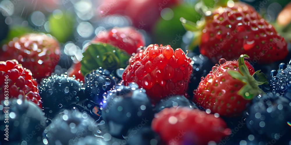 High-resolution image of fresh berries with water droplets, providing a vibrant and natural backdrop, ideal for fruit-infused drinks or smoothies High-resolution image of fresh berries with water droplets, providing a vibrant and natural backdrop, ideal for fruit-infused drinks or smoothies