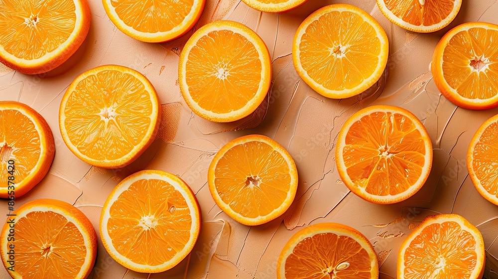 Fresh orange slices spread out on a textured table, forming a vibrant and appetizing background Fresh orange slices spread out on a textured table, forming a vibrant and appetizing background
