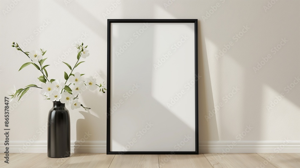 empty picture frame, vertical black poster frame standing on light wooden floor, mock up poster frame empty picture frame, vertical black poster frame standing on light wooden floor, mock up poster frame