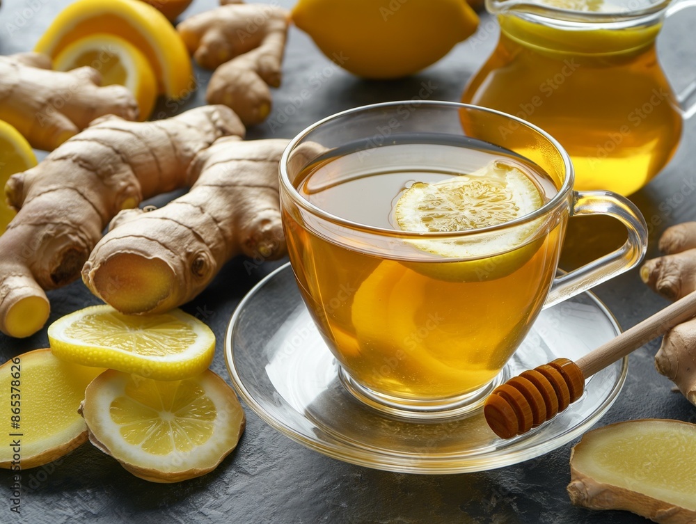 Cup of ginger tea with honey and lemon, Hot tea with lemon and ginger Cup of ginger tea with honey and lemon, Hot tea with lemon and ginger