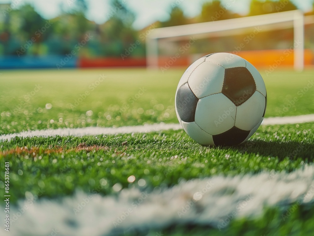Fototapeta premium Traditional soccer ball on soccer field