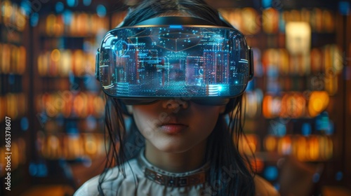 A young girl exploring a virtual world with VR headset - Generative AI photo