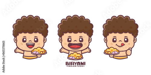cute cartoon mascot with indian food biryani