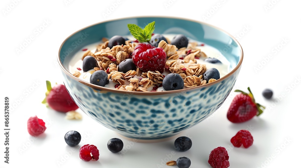A bowl of Greek yogurt topped with granola, fresh berries, and honey, placed on an isolated white background, ideal for healthy snack advertisements and food photography A bowl of Greek yogurt topped with granola, fresh berries, and honey, placed on an isolated white background, ideal for healthy snack advertisements and food photography