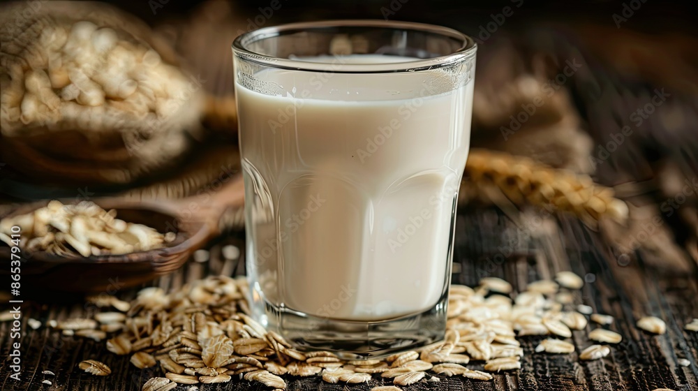 Oat milk in a clear glass with a rustic dark wooden backdrop, surrounded by whole oats Oat milk in a clear glass with a rustic dark wooden backdrop, surrounded by whole oats
