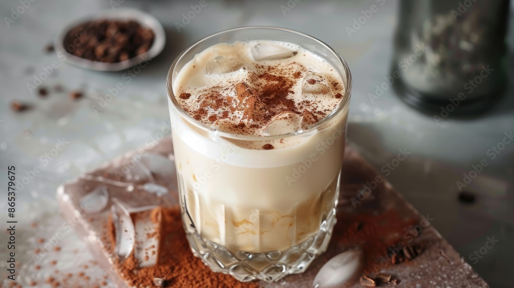Refreshing oatmilk latte with ice in a glass, served with a sprinkle of cocoa powder Refreshing oatmilk latte with ice in a glass, served with a sprinkle of cocoa powder