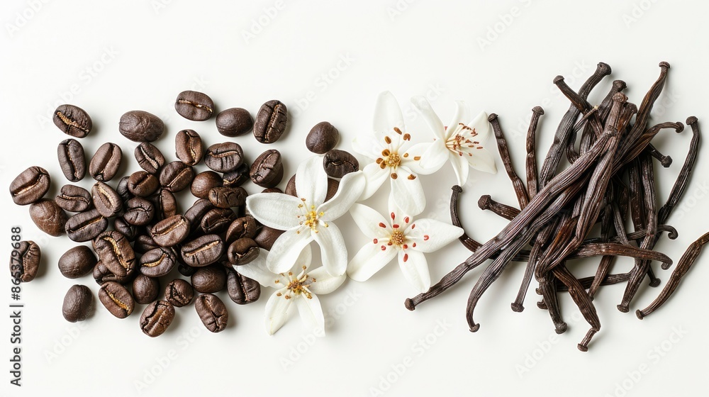 Overhead view of delicate vanilla blossoms and a pile of aromatic coffee beans, isolated on white Overhead view of delicate vanilla blossoms and a pile of aromatic coffee beans, isolated on white
