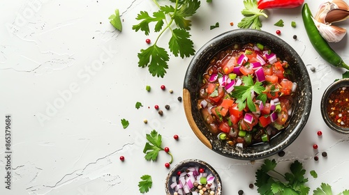 A bowl of spicy Mexican salsa with fresh ingredients, on a pristine white background, with plenty of copy space for advertisements and food product photography