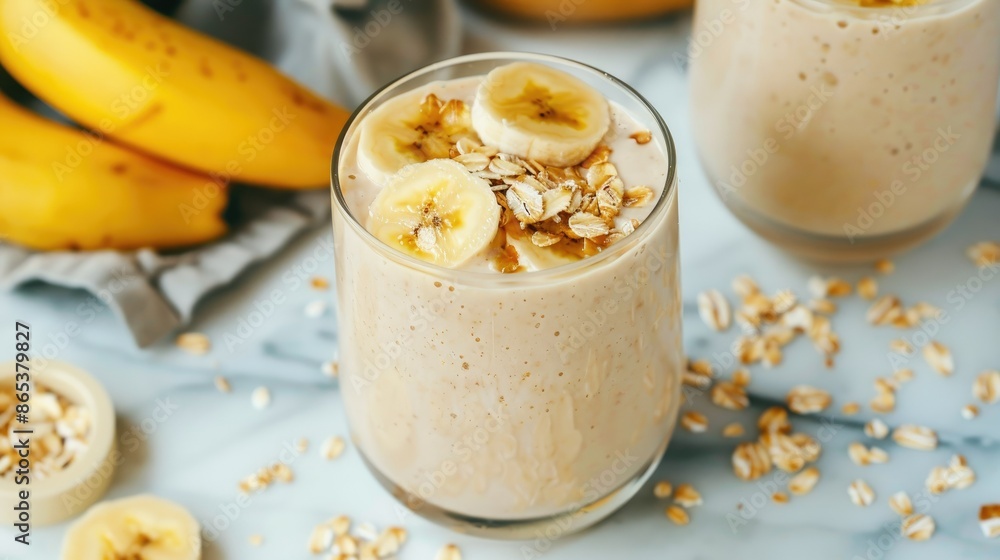 Smooth and creamy banana oat smoothie in a glass, topped with a sprinkle of oats and fresh banana slices Smooth and creamy banana oat smoothie in a glass, topped with a sprinkle of oats and fresh banana slices