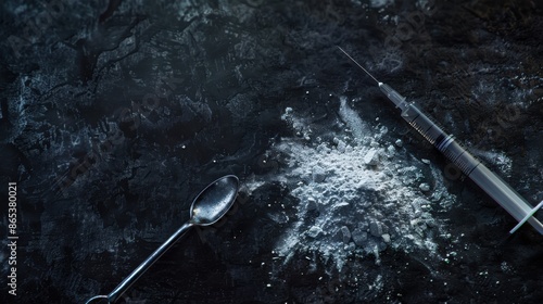 Close-up of drug paraphernalia, including a syringe, a spoon, and white powder on a dark surface, representing addiction and substance abuse.