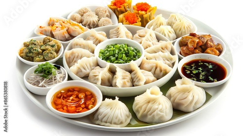 A colorful platter of dim sum with various dumplings and dipping sauces