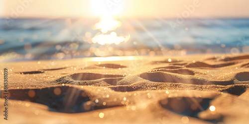 Textured sand surface with footprints and a blurred beach background, perfect for promoting beach volleyball gear or summer sportswear