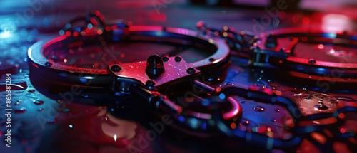 Close-up of handcuffs on a wet surface with dramatic lighting, symbolizing law enforcement, crime, and justice themes.