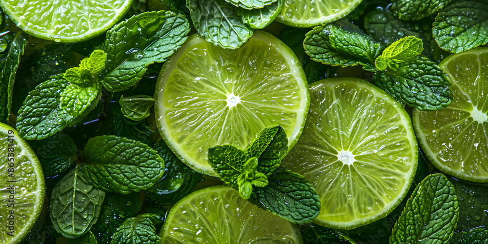 High-resolution image of fresh lime slices and mint sprigs, providing a refreshing and cool backdrop, ideal for summer cocktails or mojitos High-resolution image of fresh lime slices and mint sprigs, providing a refreshing and cool backdrop, ideal for summer cocktails or mojitos
